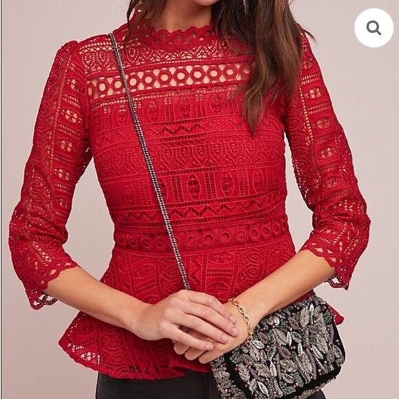 Moulinette Soeurs Tops - Moulinette Soerus Anthropologie Red Eyelet Lace Peplum Top Feminine Indie Size 6